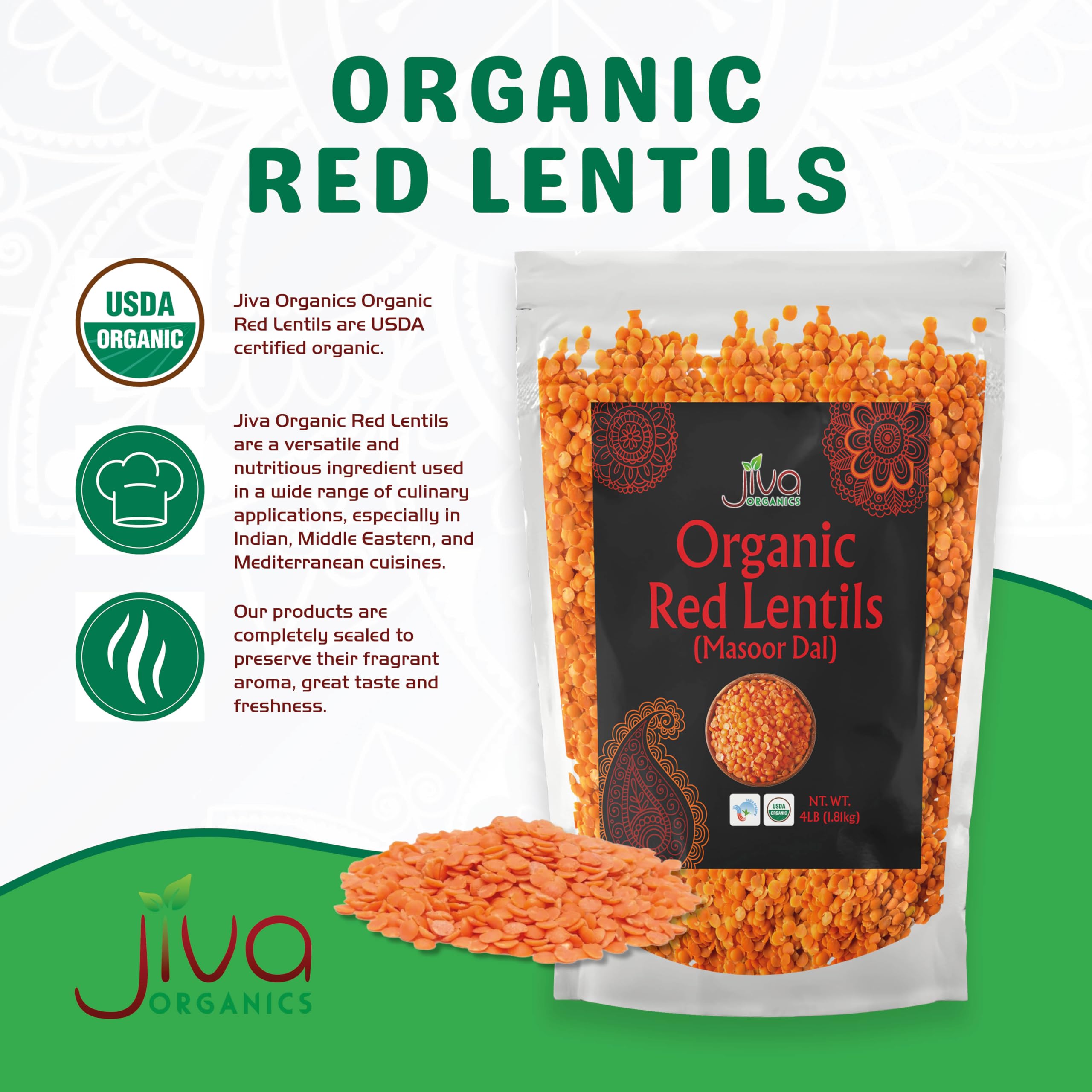 Jiva Organics organic red lentils close-up, ideal for quick, hearty meals.