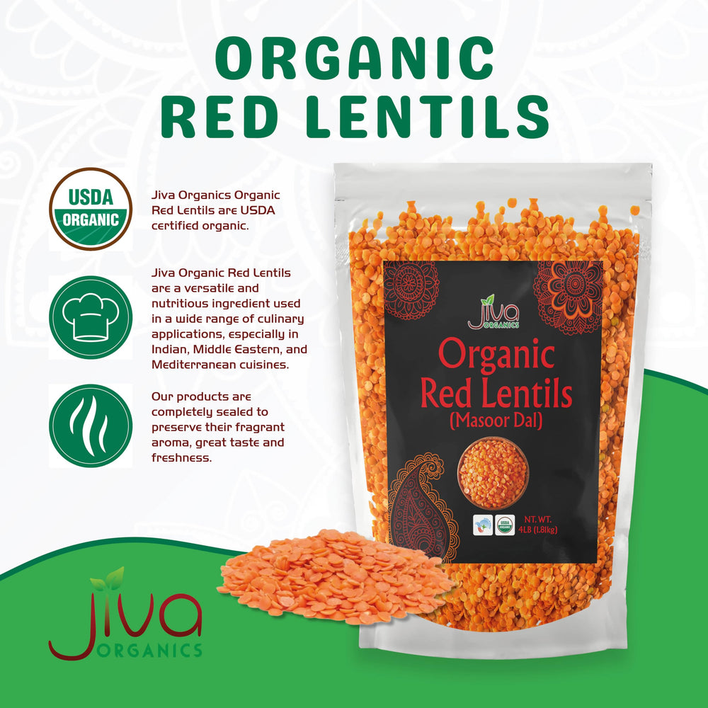 Jiva Organics organic red lentils close-up, ideal for quick, hearty meals.