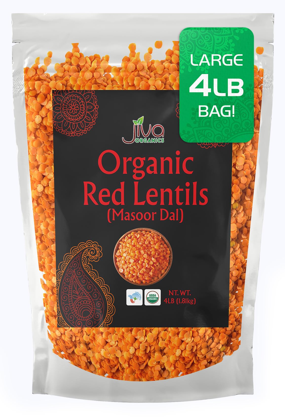 Jiva Organics Masoor Dal red lentils in a bulk bag for pantry storage.