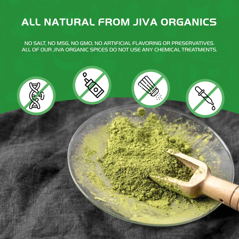 Jiva Organics Moringa powder in a bowl ready to blend.