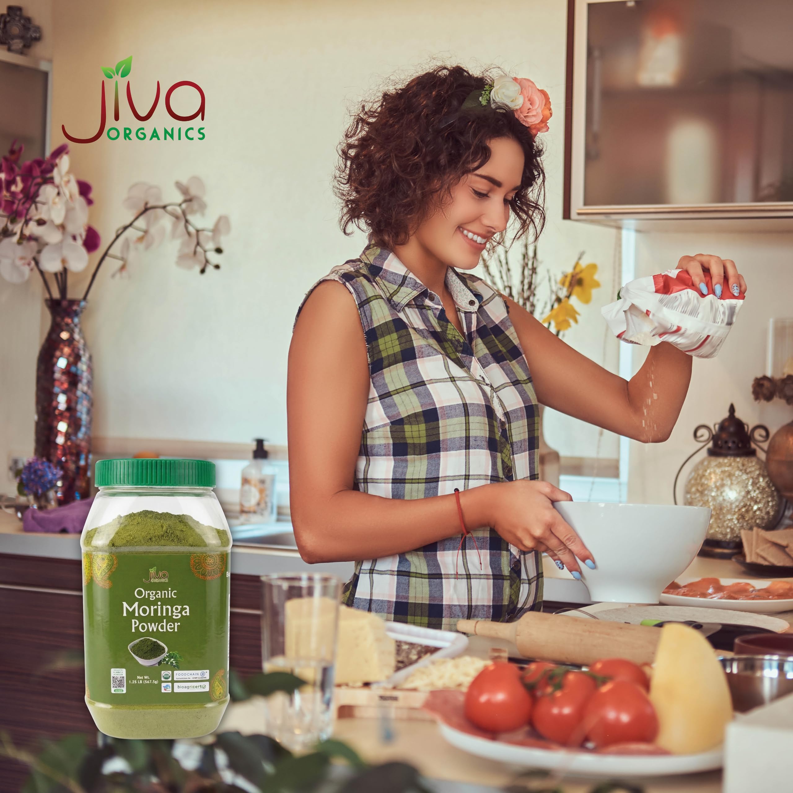 Jiva Organics Moringa powder label close-up showing organic and non-GMO claims.