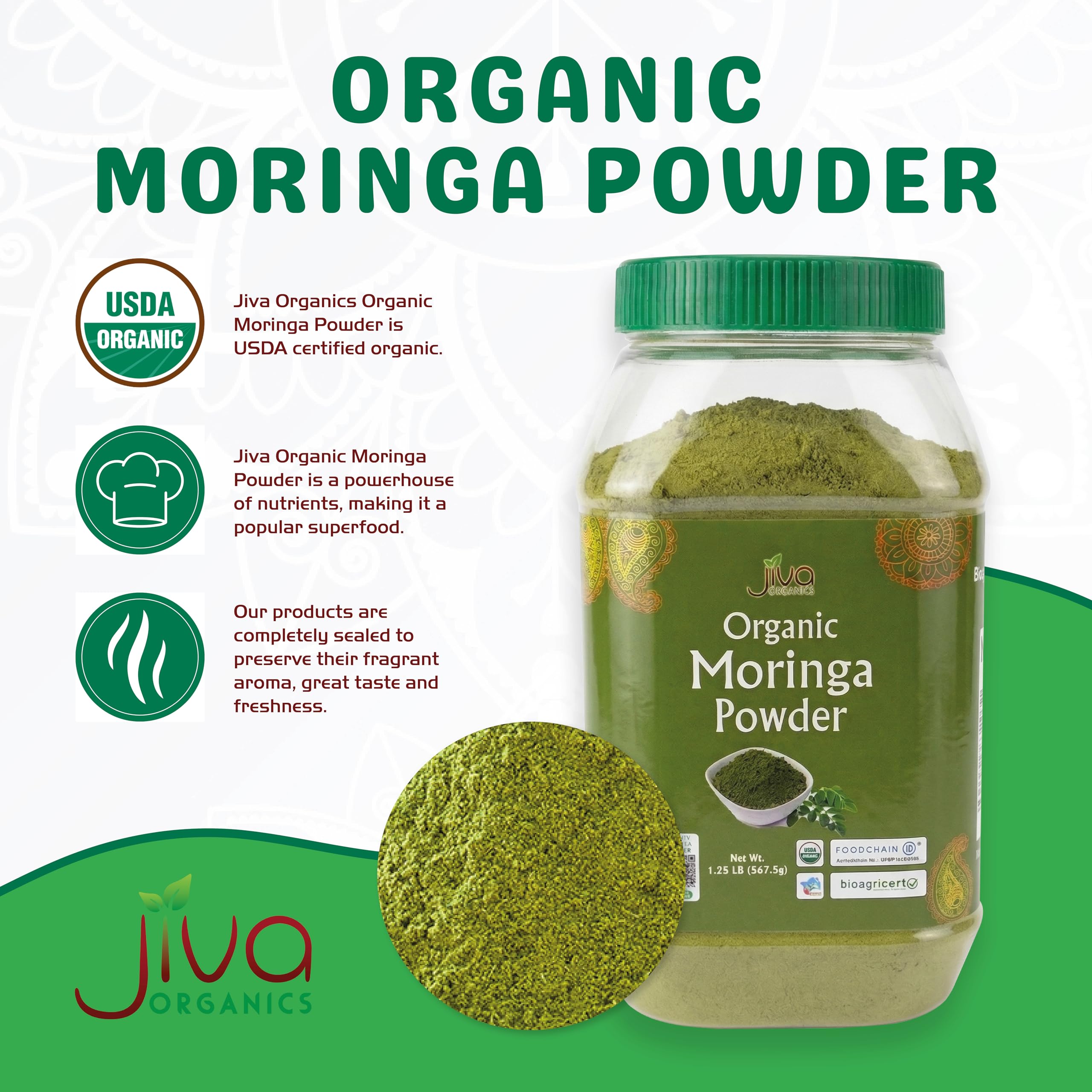Jiva Organics Moringa powder with scoop for easy measurement.