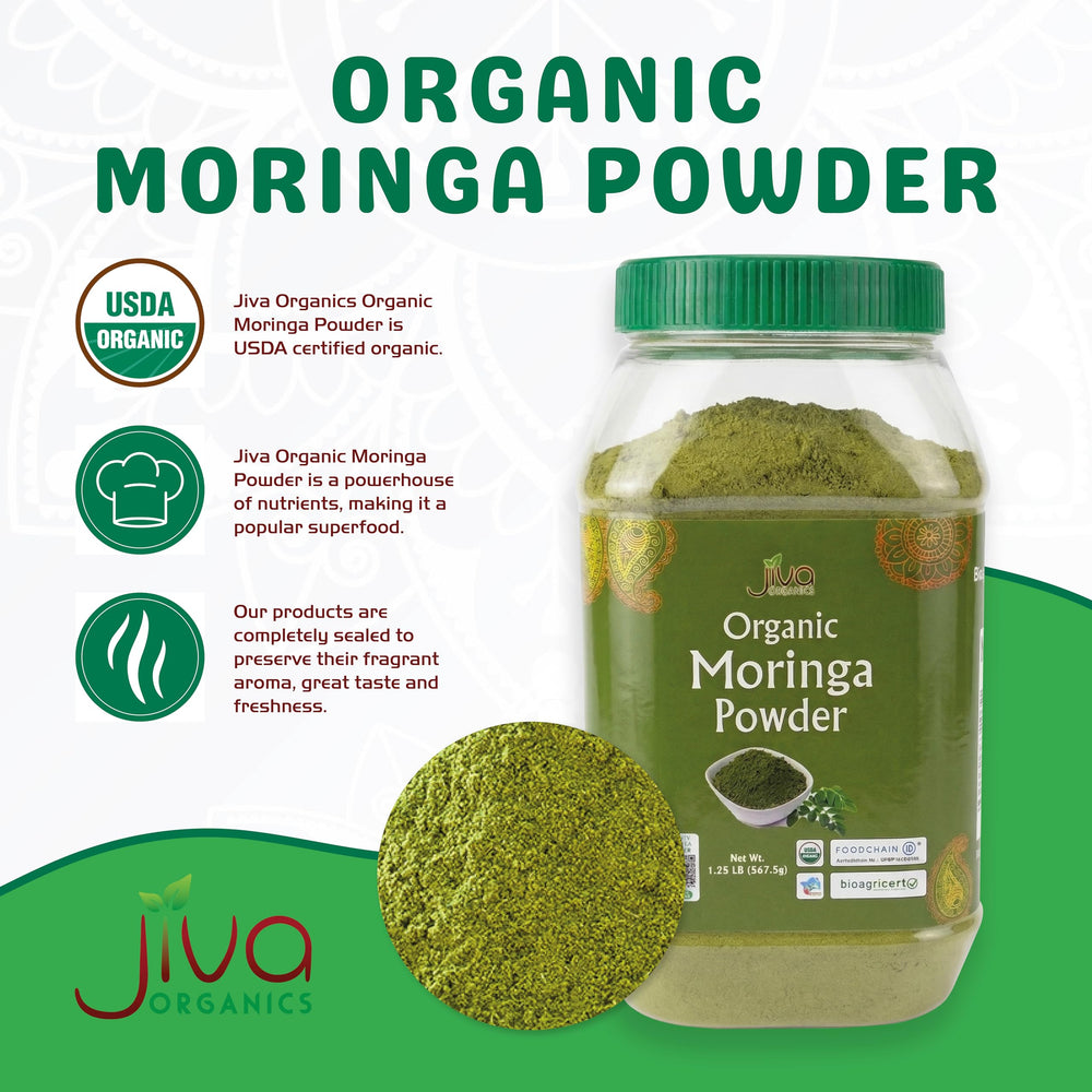 Jiva Organics Moringa powder with scoop for easy measurement.