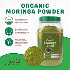 Jiva Organics Moringa powder with scoop for easy measurement.