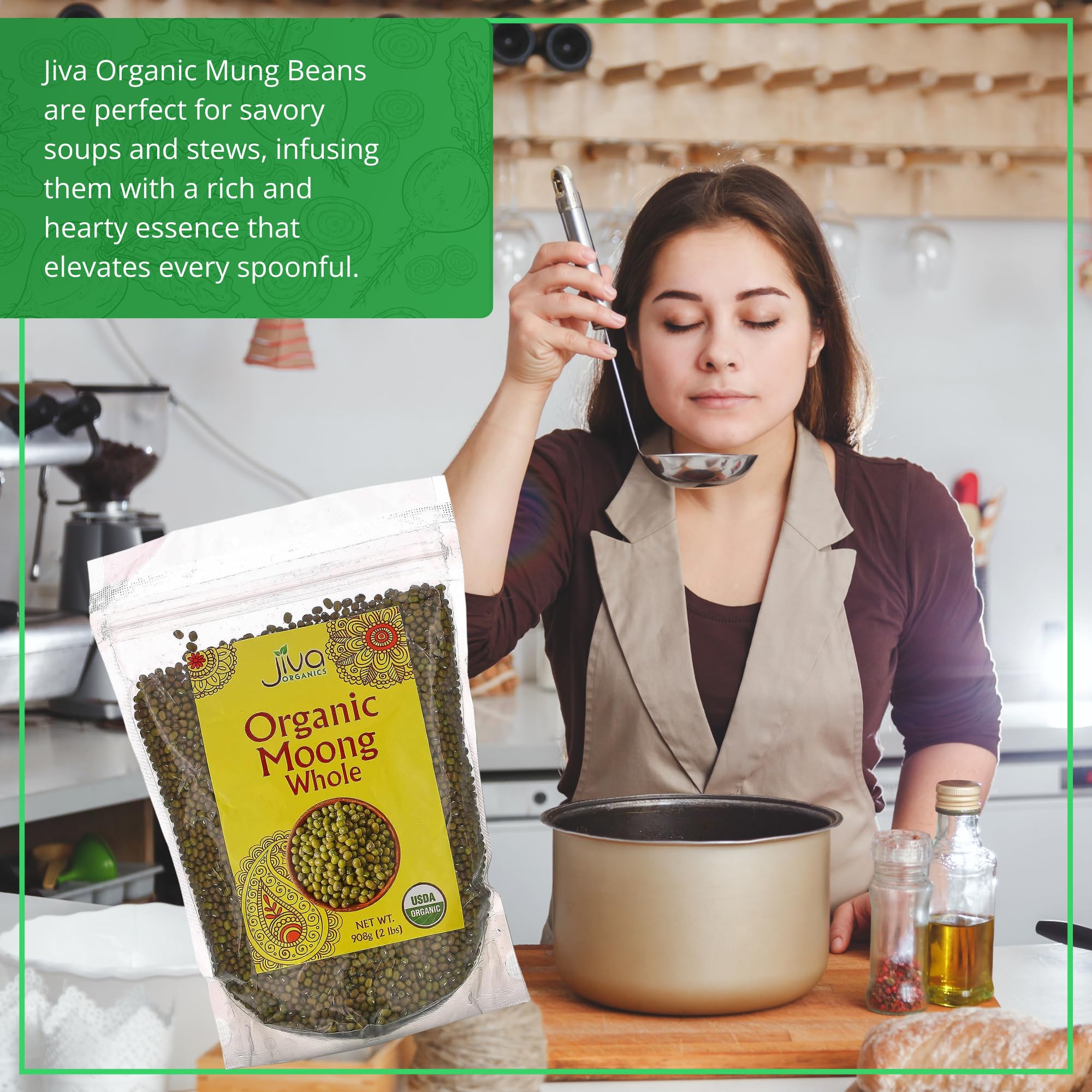 Jiva Organics 4lb bag highlights bulk value and pantry storage.