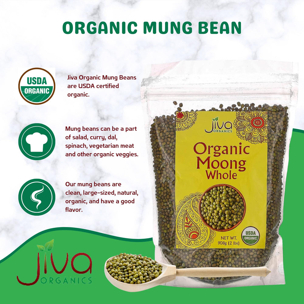 Jiva Organics mung beans closeup showing uniform green beans for cooking.