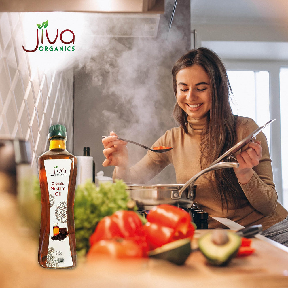 Jiva Organics mustard oil in amber bottle preserves freshness