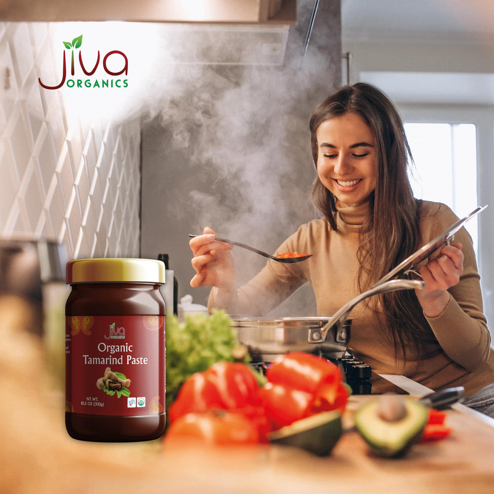 Gluten-free tamarind paste from Jiva Organics used in sauces.
