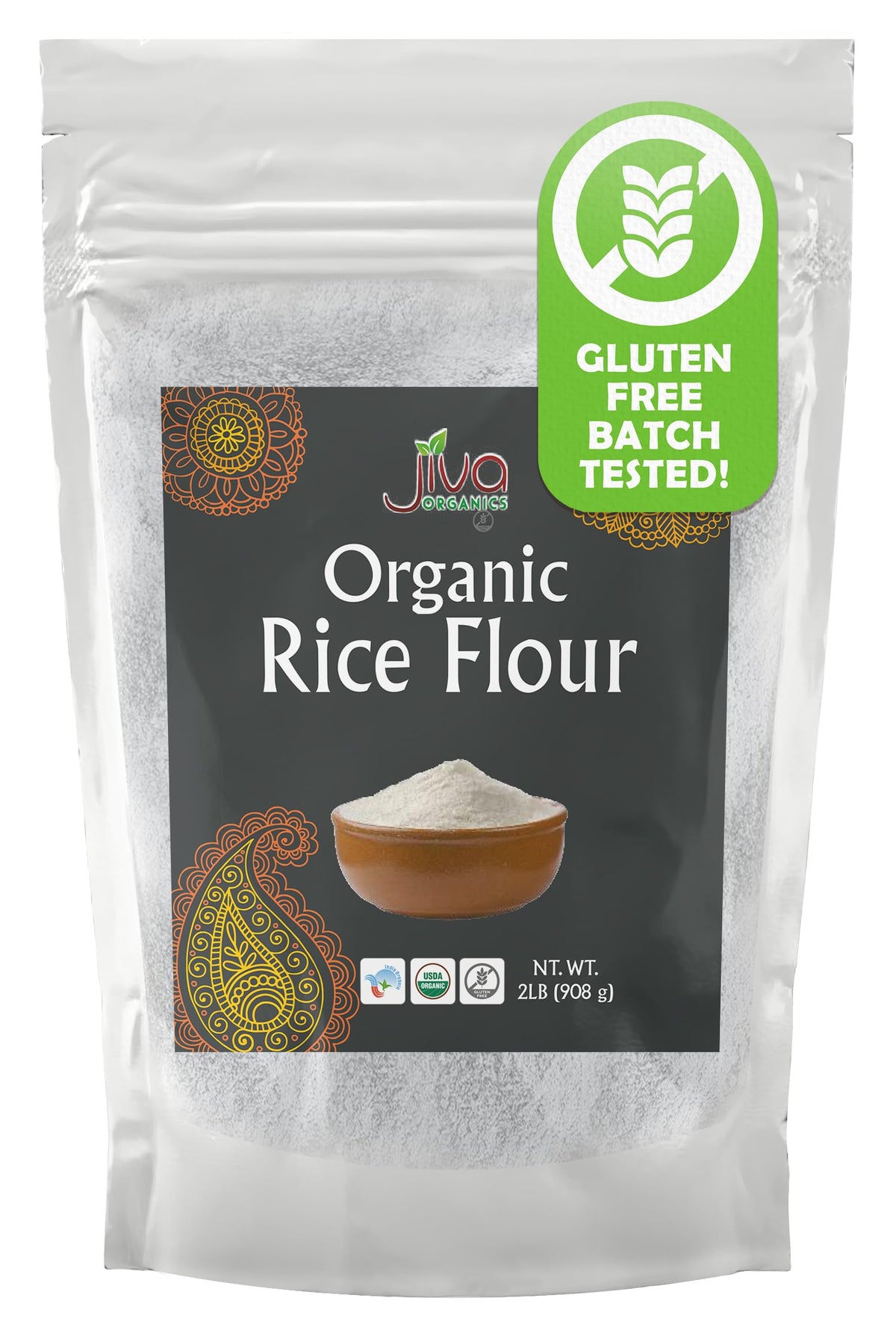 Jiva Organics white rice flour 2 lb bag front, ideal for gluten-free baking.