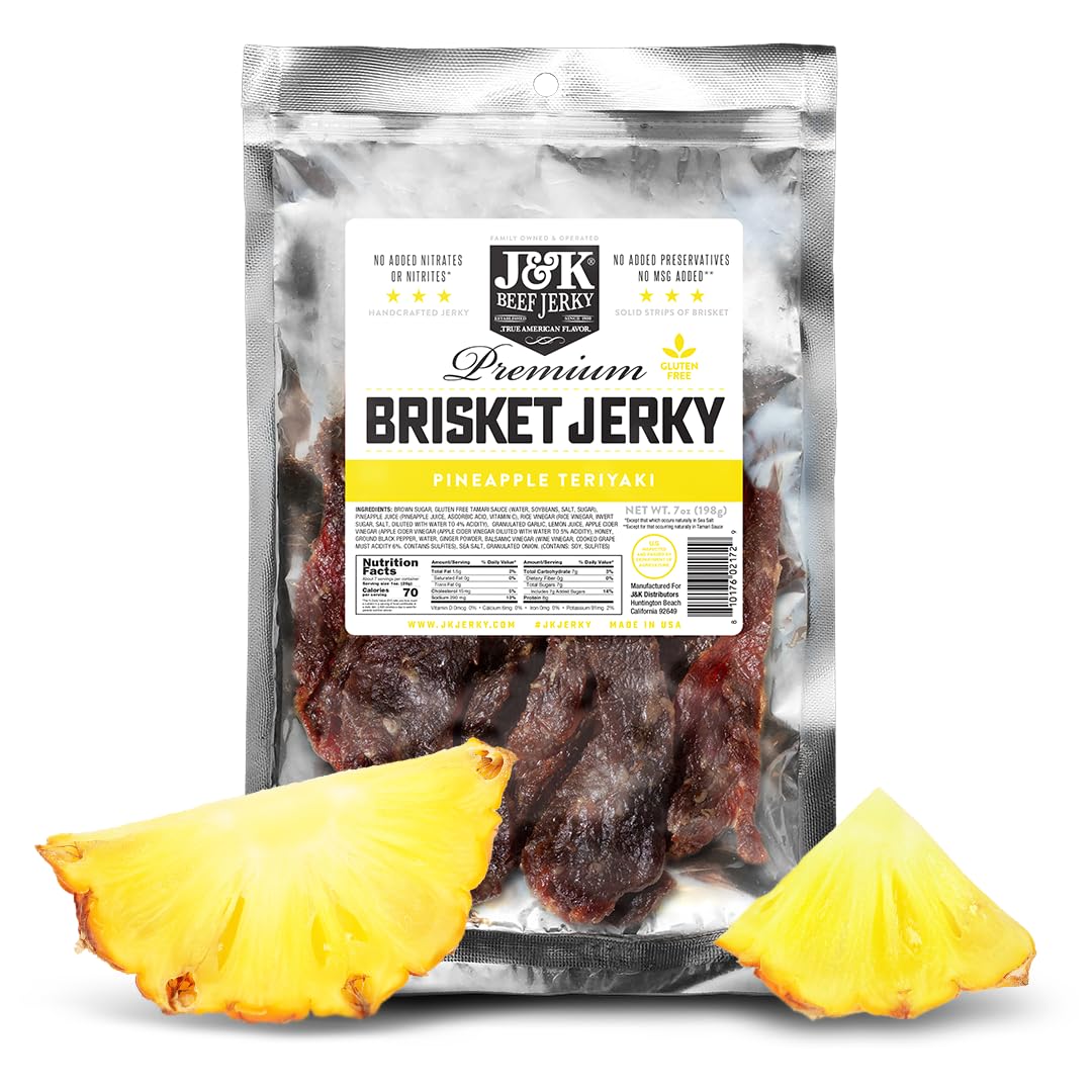 J&K Beef Jerky Pineapple Teriyaki bag front for on-the-go snacking