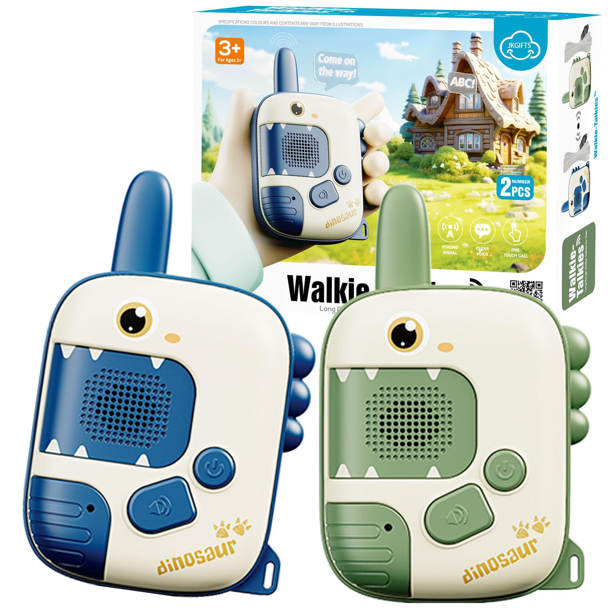 JKGIFTS Dino Walkie Talkie front view for kids with clear range during outdoor play.