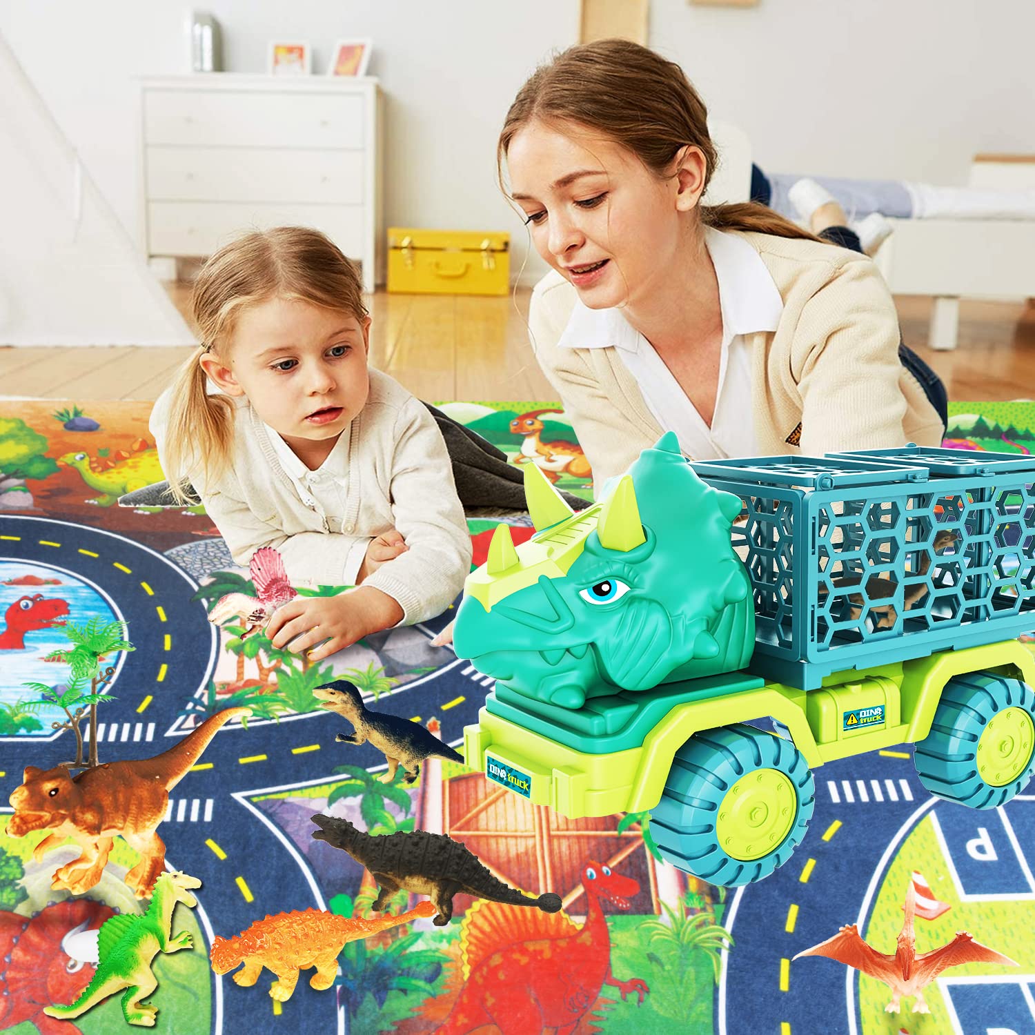 JKGIFTS Dinosaur Truck rear cage opens to reveal dinosaur figures for storytelling.