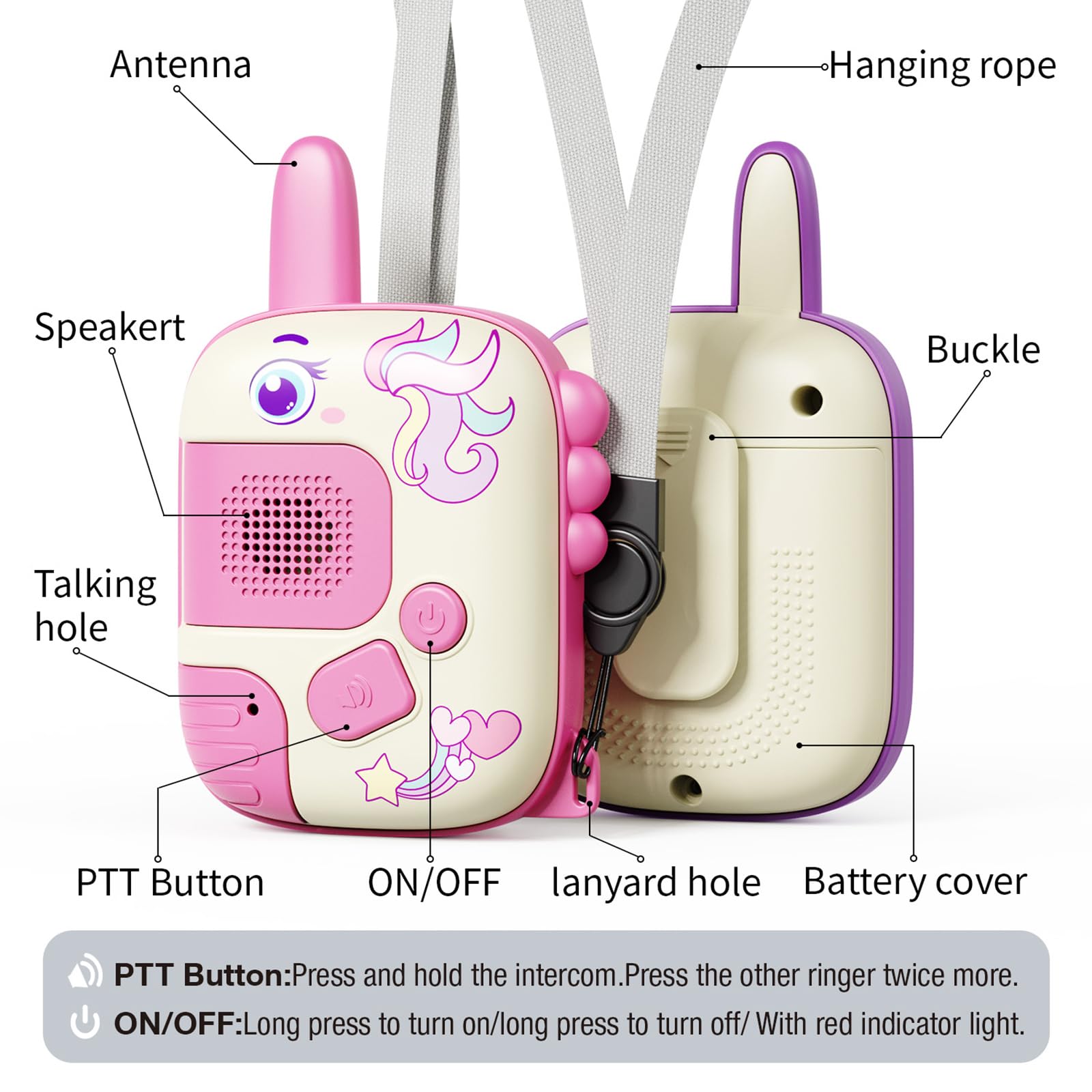 JKGIFTS Unicorn Walkie Talkie close-up of push-to-talk buttons.