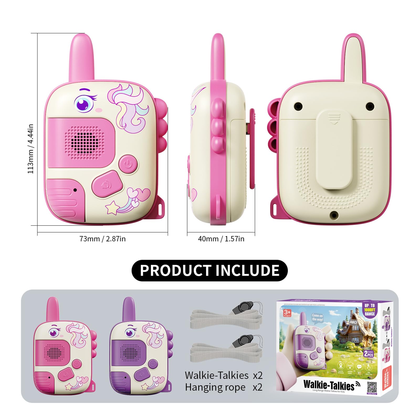 JKGIFTS Unicorn Walkie Talkie side view highlighting compact size for small hands.