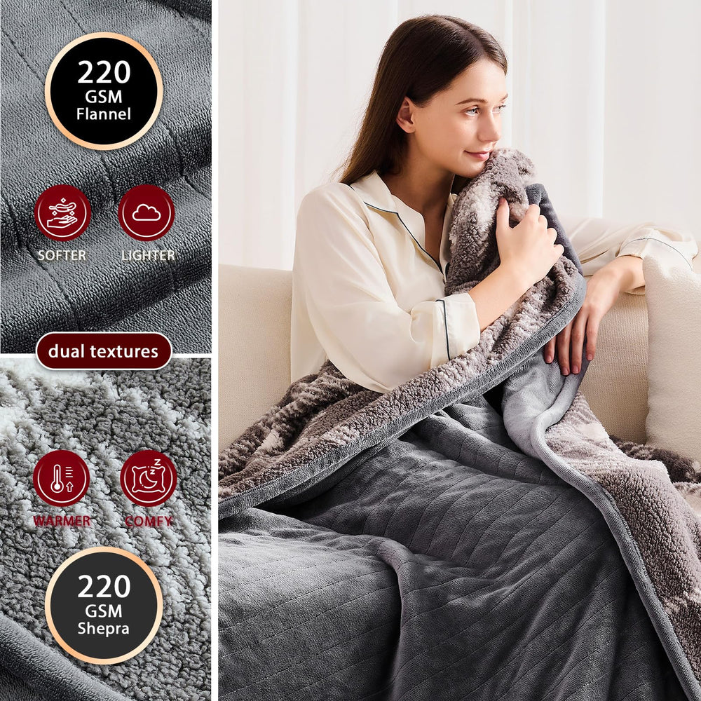 JKMAX heated blanket dual-side design highlights reversible warmth options.