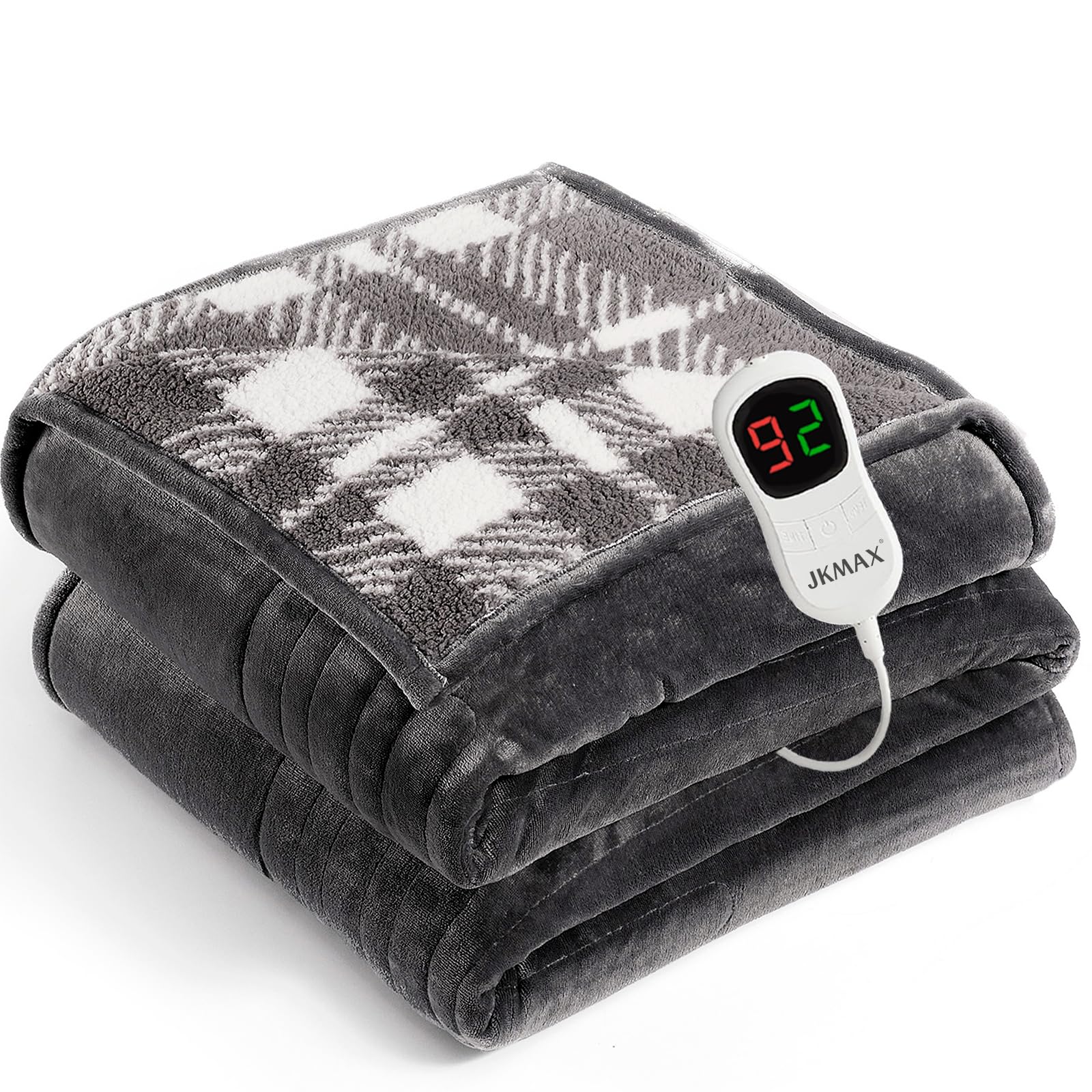 JKMAX heated blanket front view showing dual-sided design for two cozy looks.