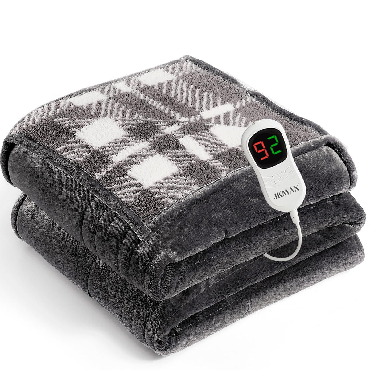 JKMAX heated blanket front view showing dual-sided design for two cozy looks.
