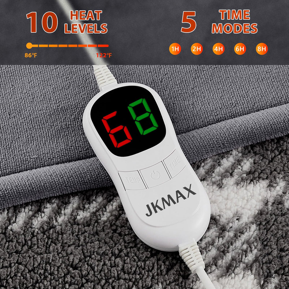 JKMAX heated blanket grey fabric displayed on bed for warmth.