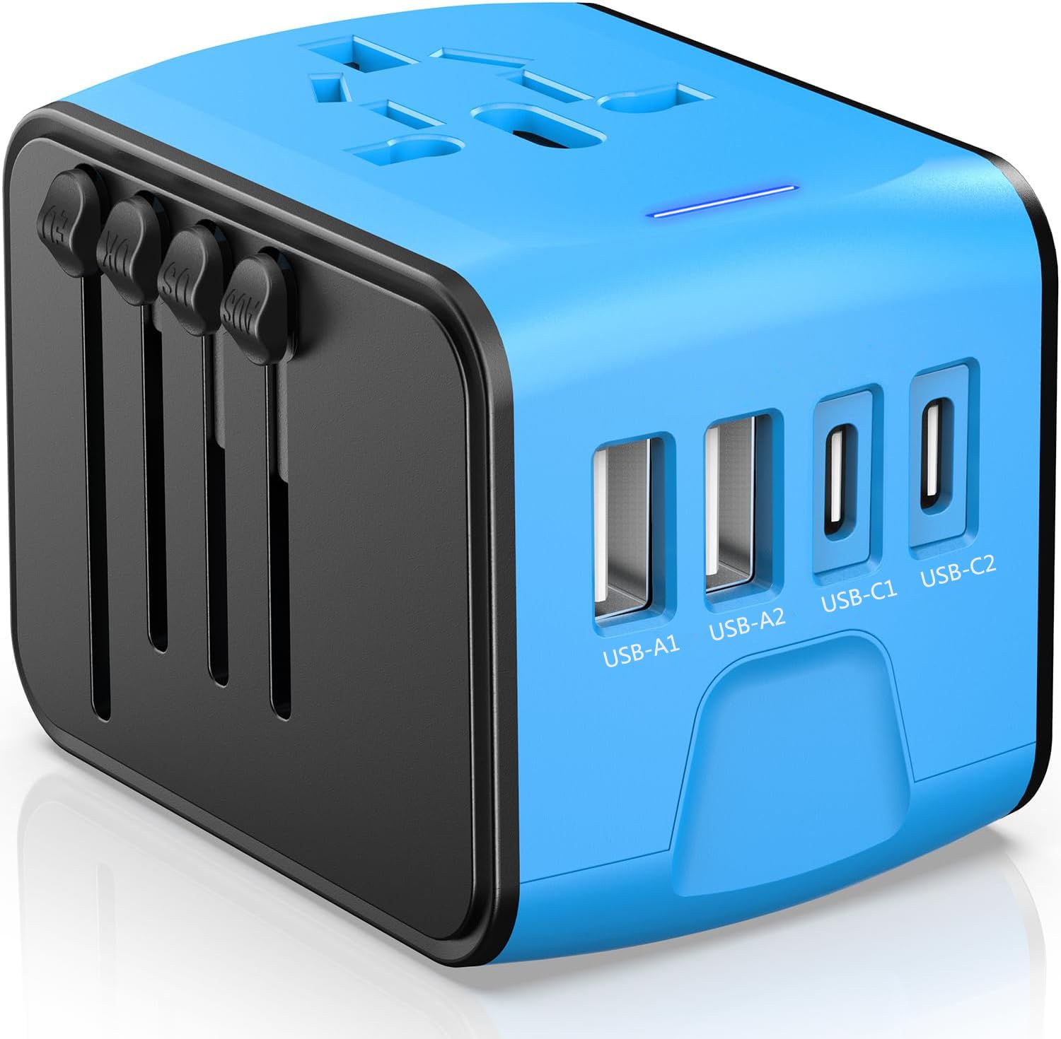 JMFONE universal travel adapter blue with worldwide plugs for seamless global charging.
