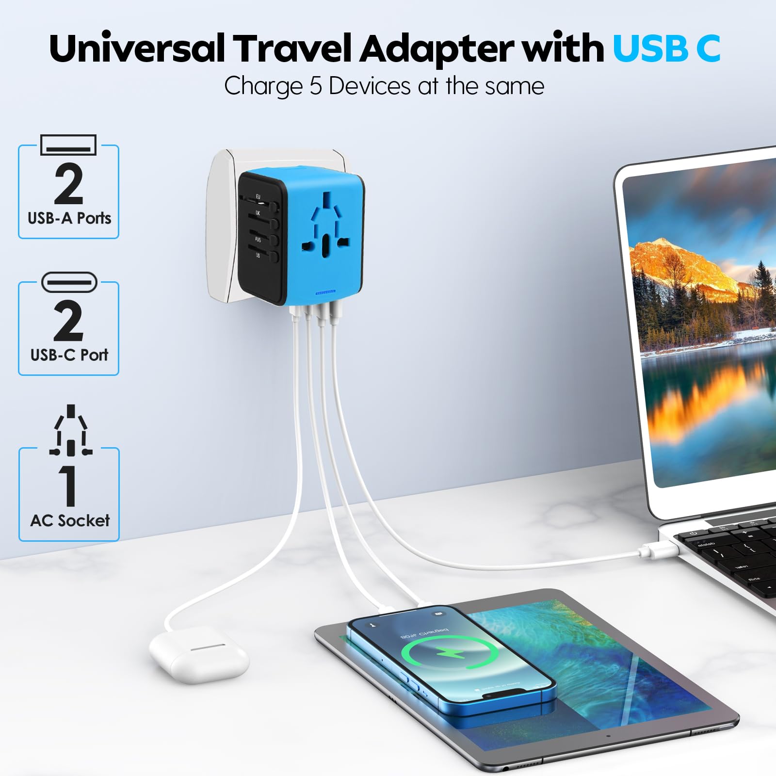 JMFONE adapter showing USB-C and USB-A ports for multi-device charging.