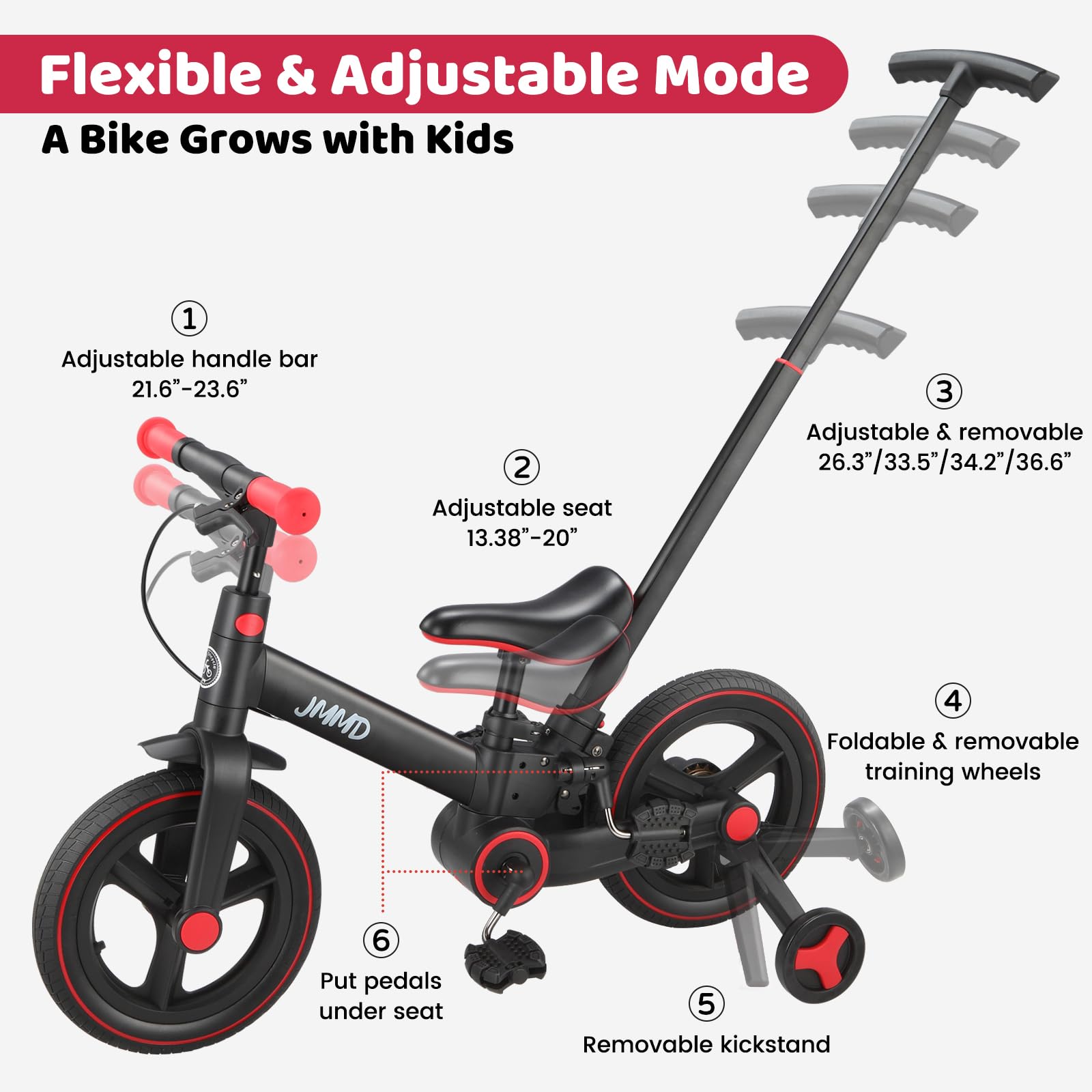 JMMD 12-inch wheels handle all-terrain surfaces for smooth rides.