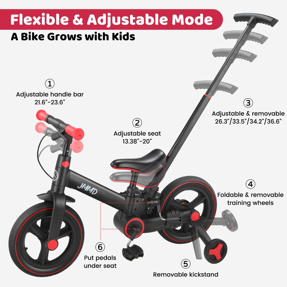 JMMD 12-inch wheels handle all-terrain surfaces for smooth rides.
