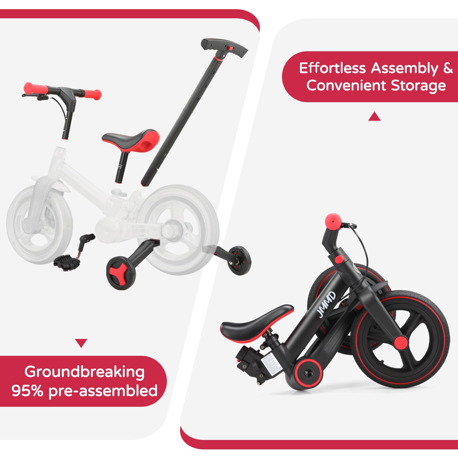JMMD adjustable seat and handlebar fit growing children.