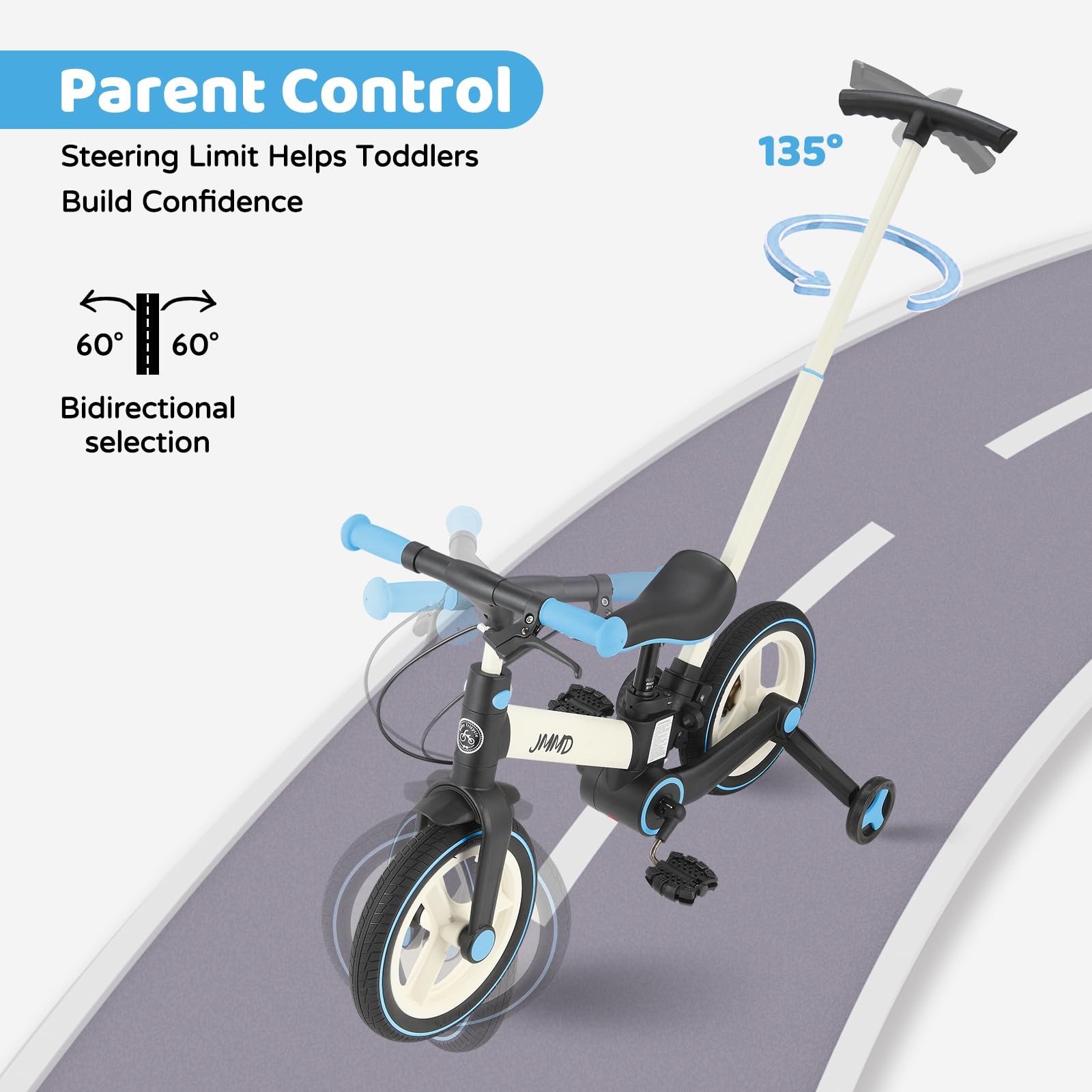 JMMD adjustable seat for a comfy, growing fit on the toddler bike.