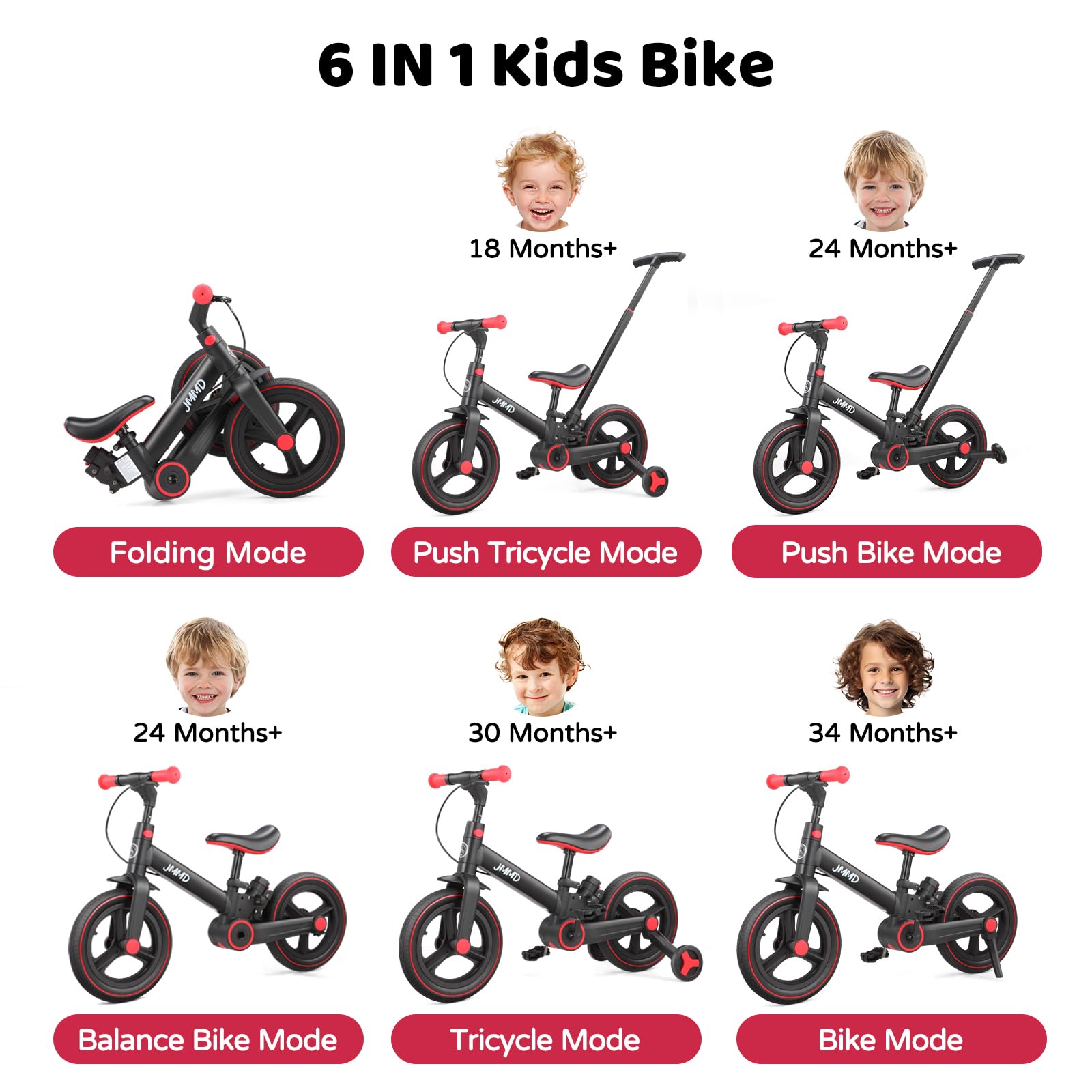 JMMD 6-in-1 toddler bike folded for easy travel and compact storage.