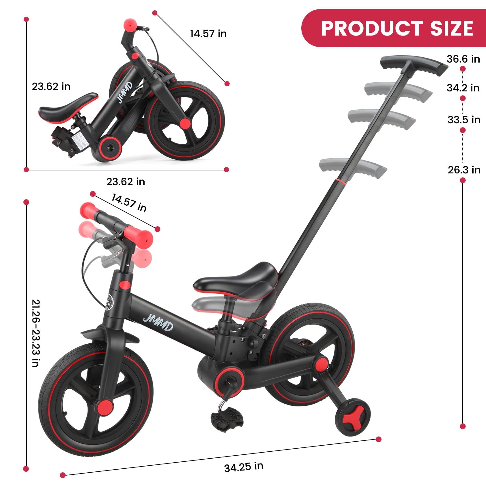 JMMD kickstand helps park safely and encourage independent play.