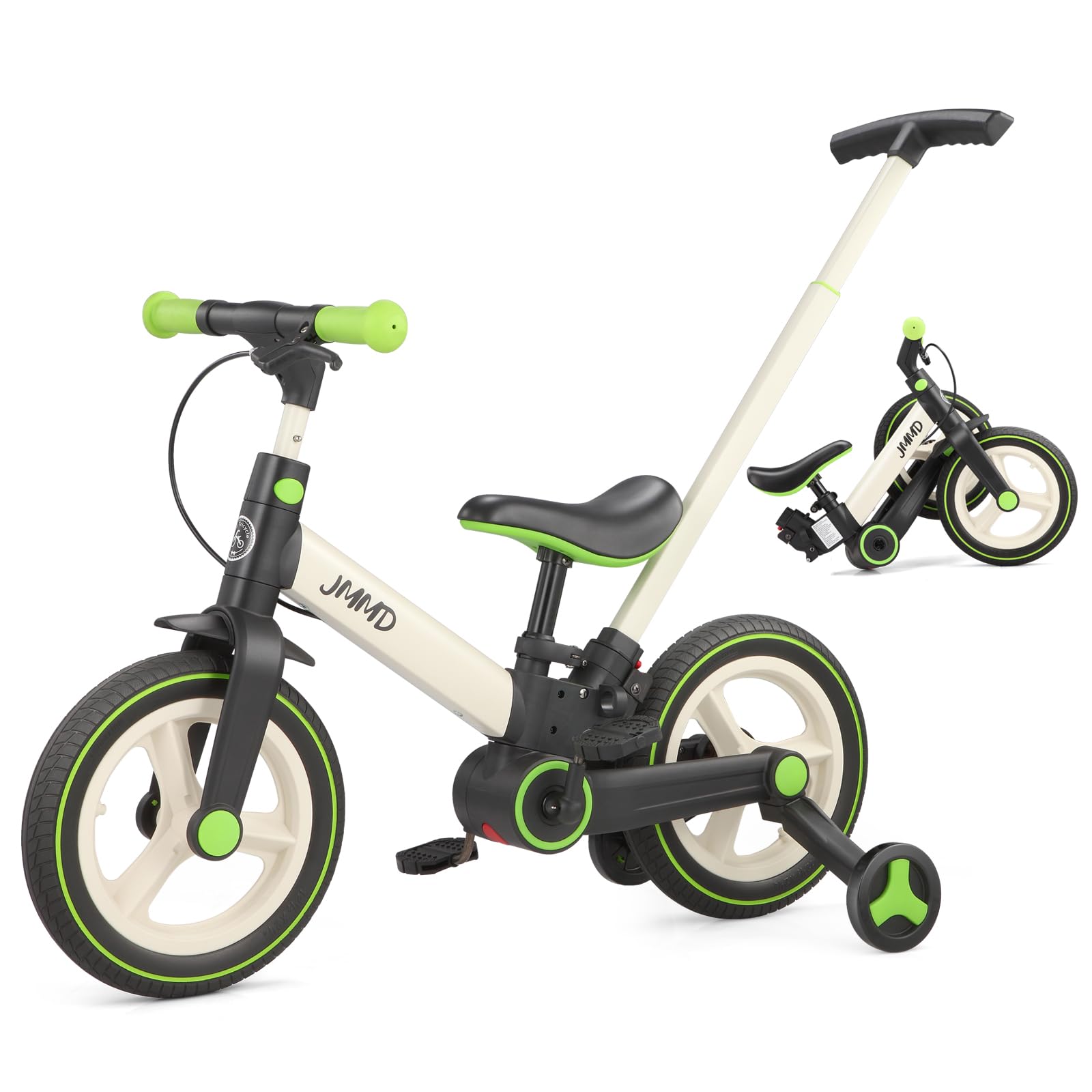 JMMD 6-in-1 toddler bike with push handle supports parent-guided rides.