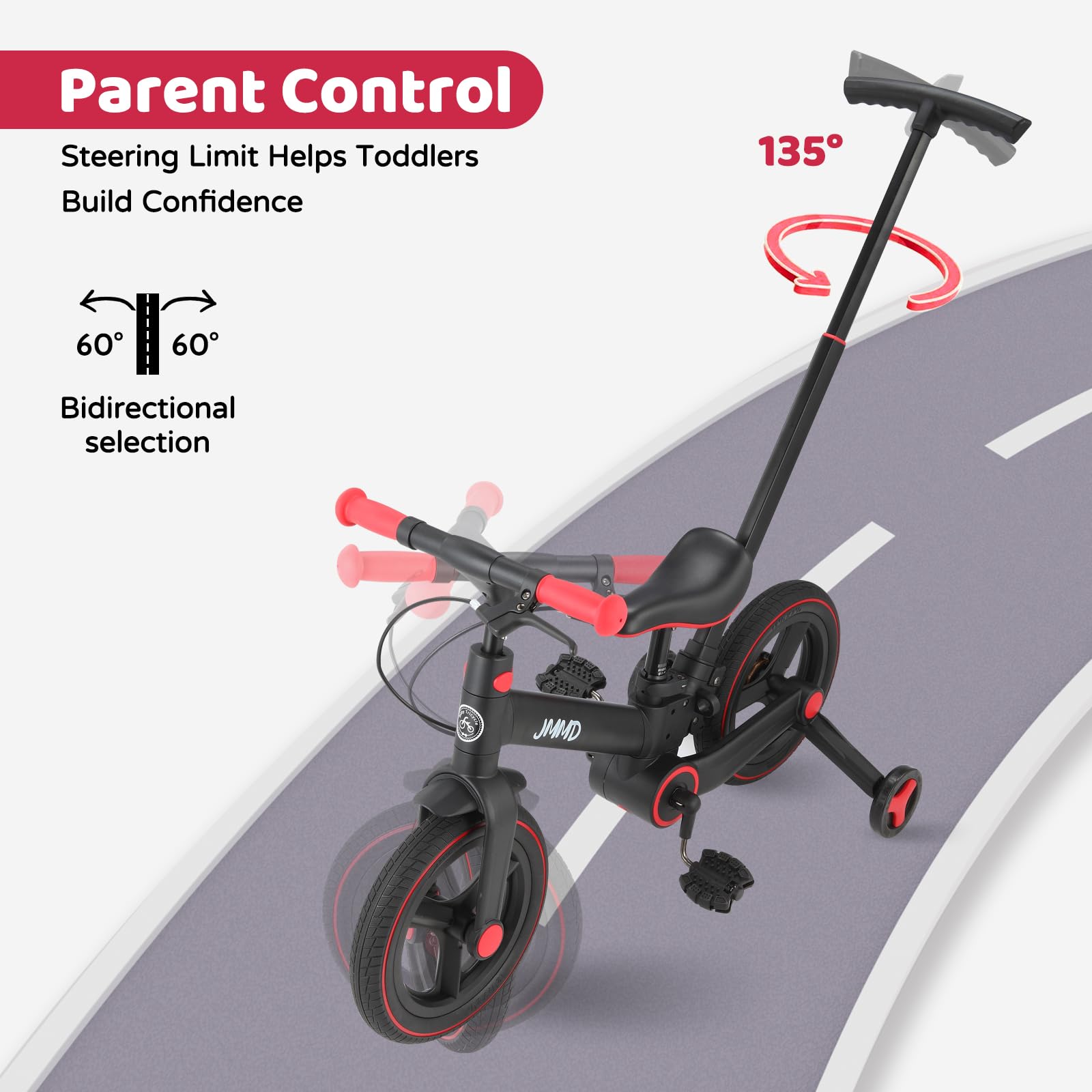 JMMD 6-in-1 toddler bike with training wheels supports confident first rides.