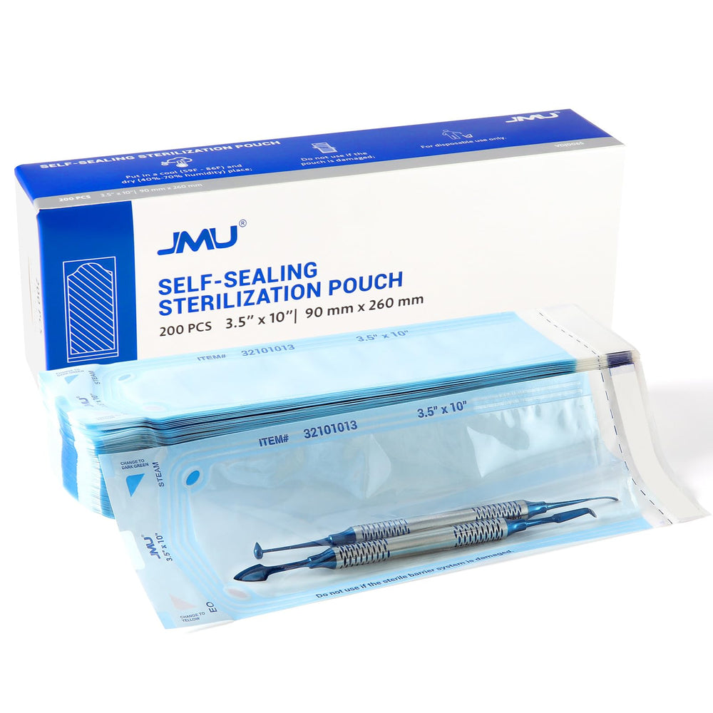 JMU self-seal sterilization pouch 3.5 x 10 inches in full box view for easy stocking