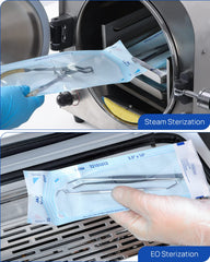 Color-change arrow on JMU pouch indicating sterilization progress