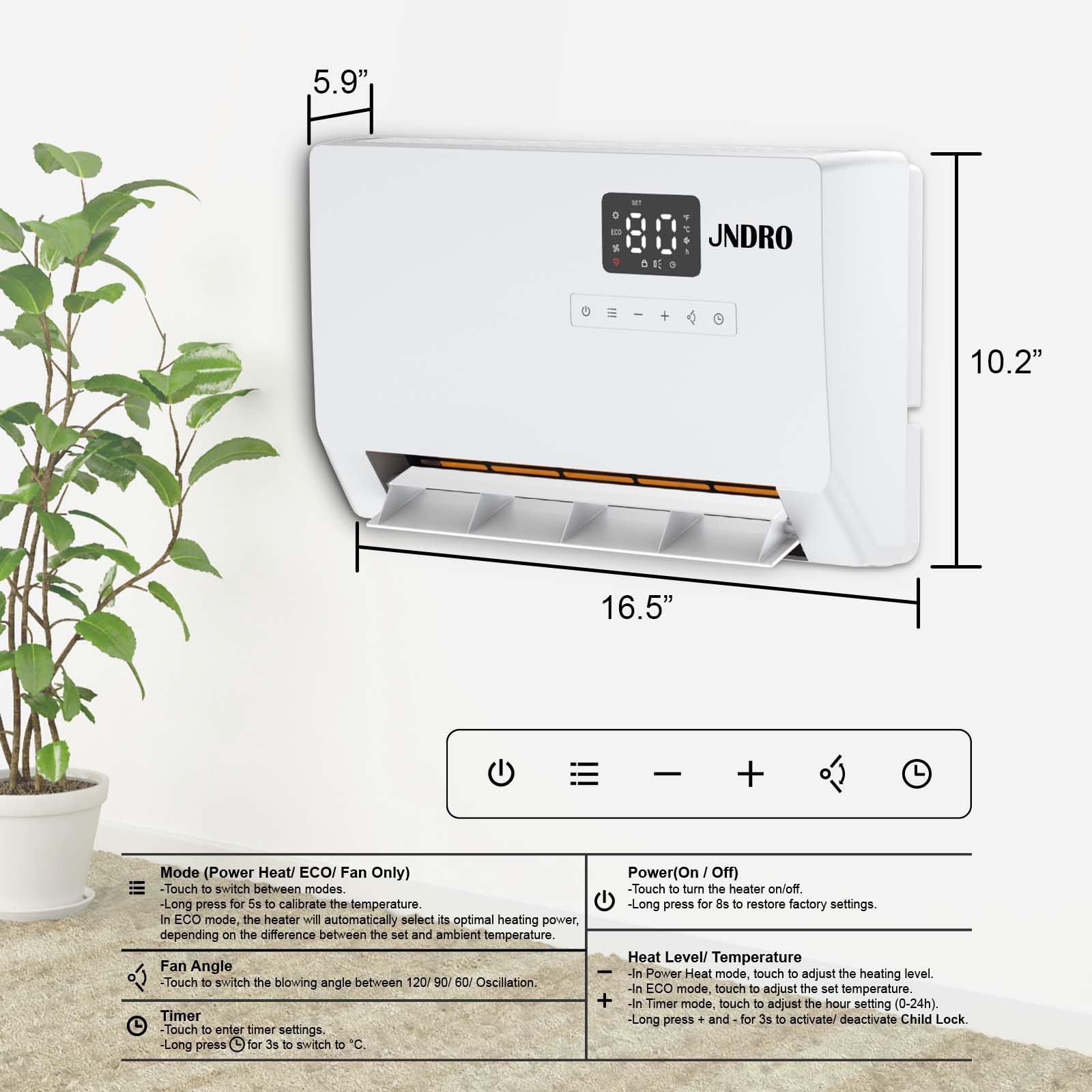 JNDRO heater with 120° oscillation delivers even warmth to longer spaces