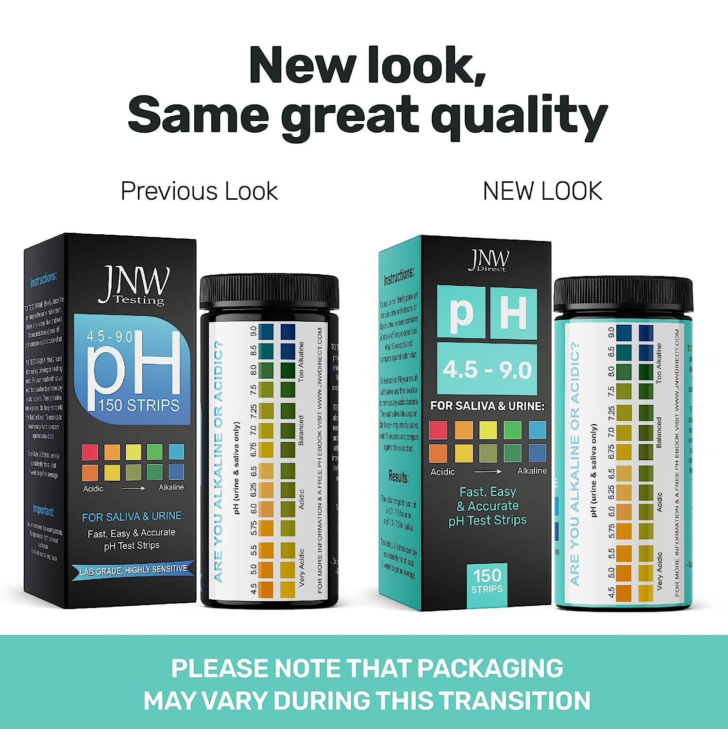 JNW Direct pH test kit packaging showing 150 strips and guide