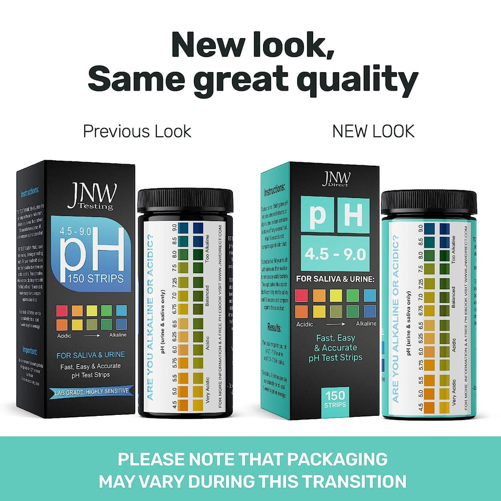JNW Direct pH test kit packaging showing 150 strips and guide