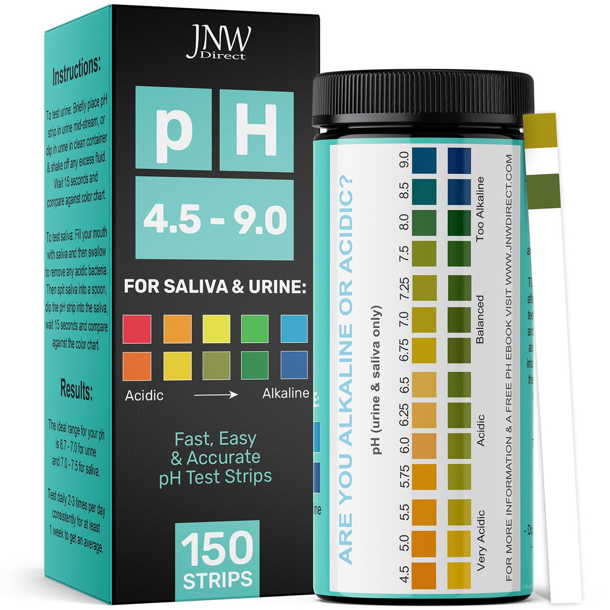 JNW Direct pH test strips for urine beside the color chart for quick readings