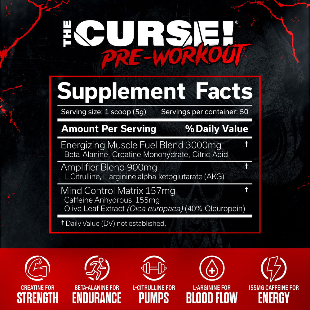 JNX SPORTS The Curse! label highlights caffeine and creatine blend for performance.