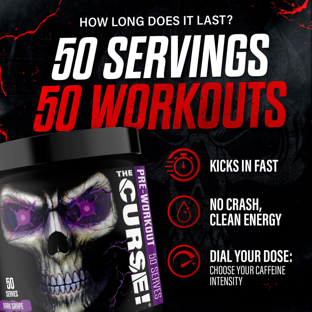The Curse! dark grape scoop ready to mix for a potent pre-workout boost.