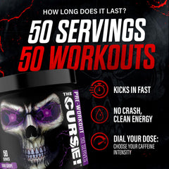 The Curse! dark grape scoop ready to mix for a potent pre-workout boost.