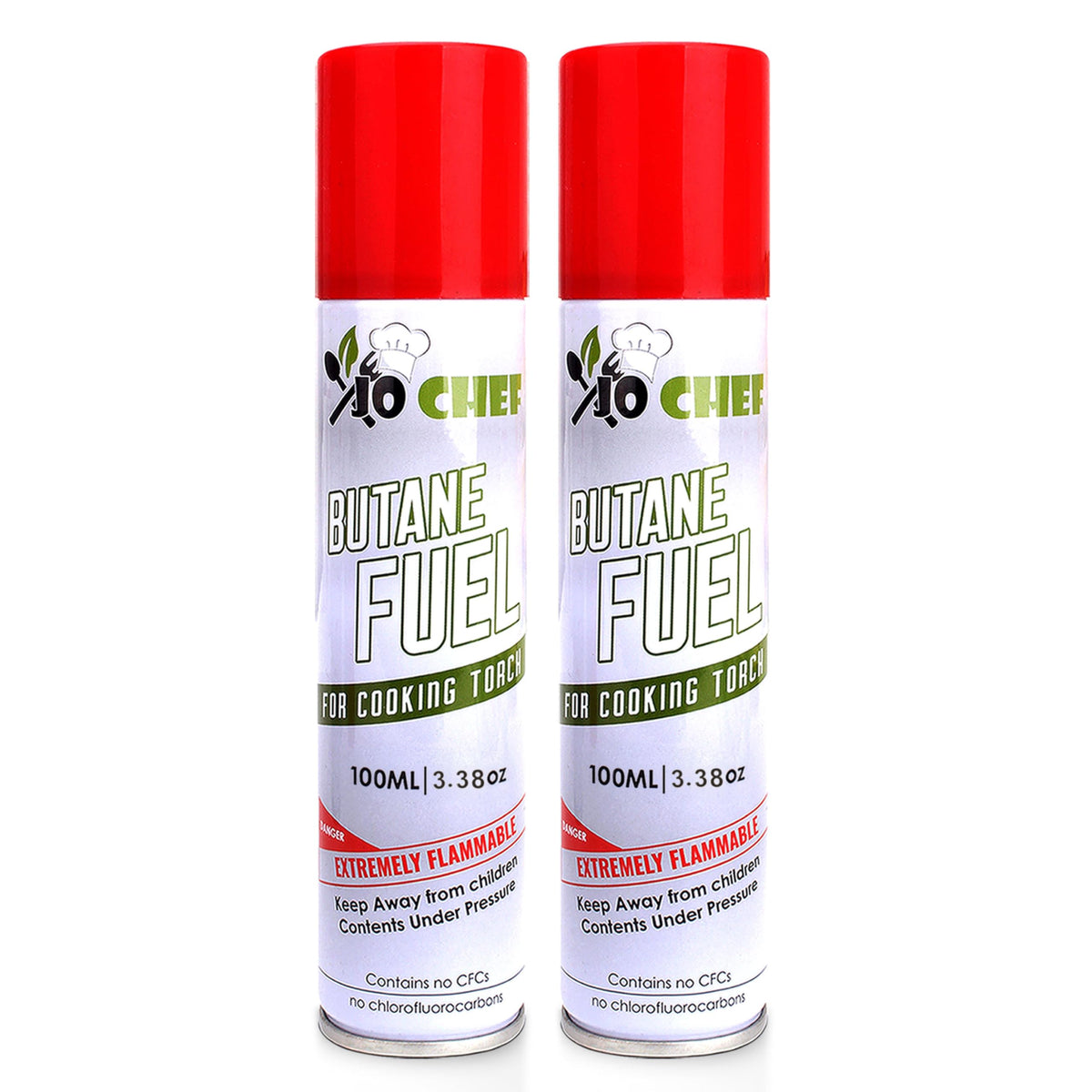 Jo Chef butane refill in a 2-cans pack provides reliable fuel for controlled kitchen torches.
