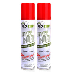 Jo Chef butane refill in a 2-cans pack provides reliable fuel for controlled kitchen torches.