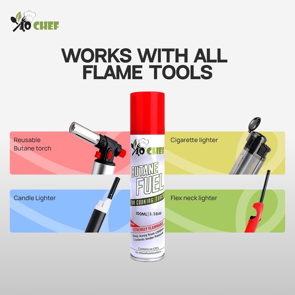 Jo Chef universal tip compatibility supports multiple torches for easy refills.