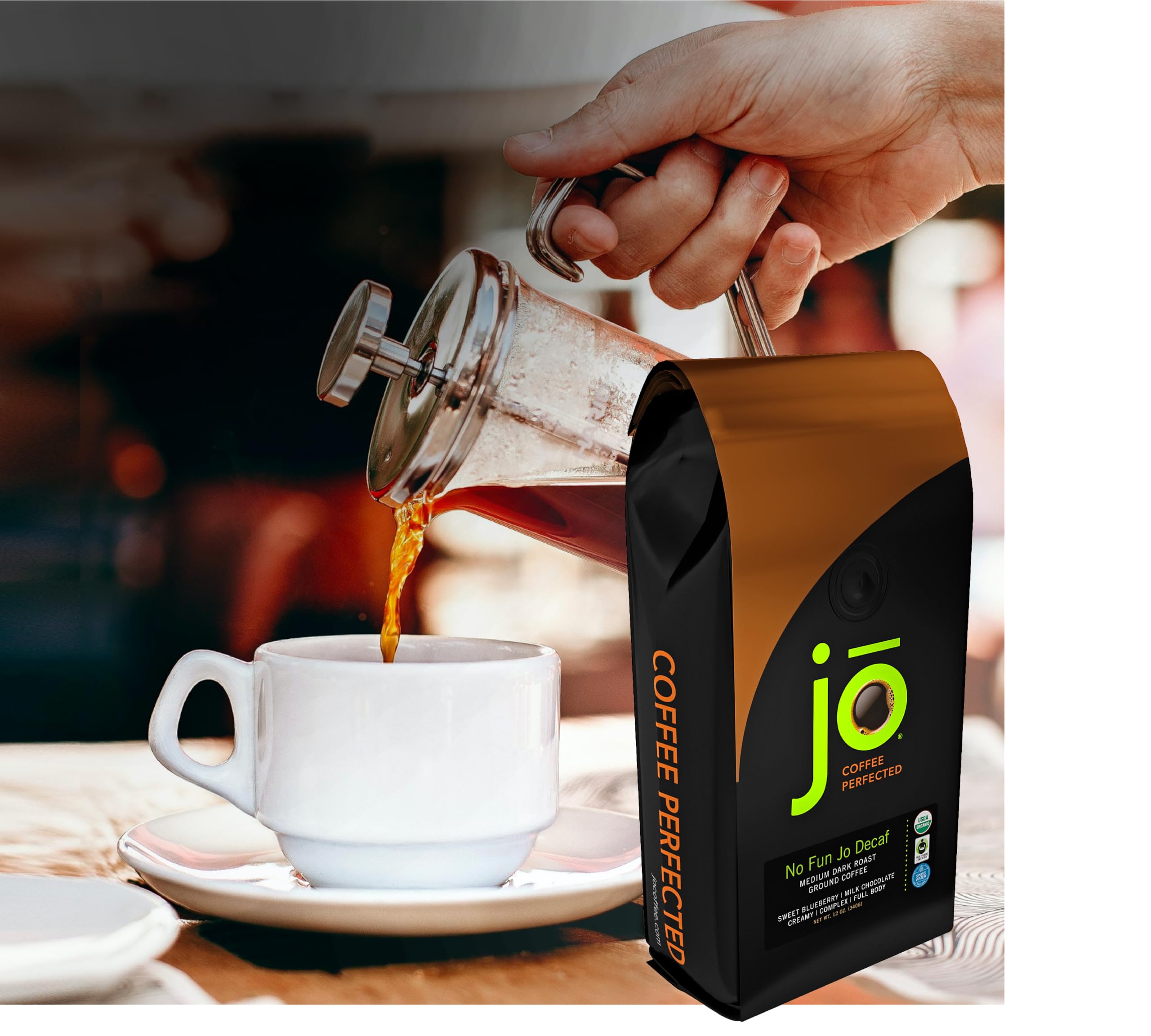 Jo Coffee NO FUN JO DECAF micro-roastery scene with artisan roasters.