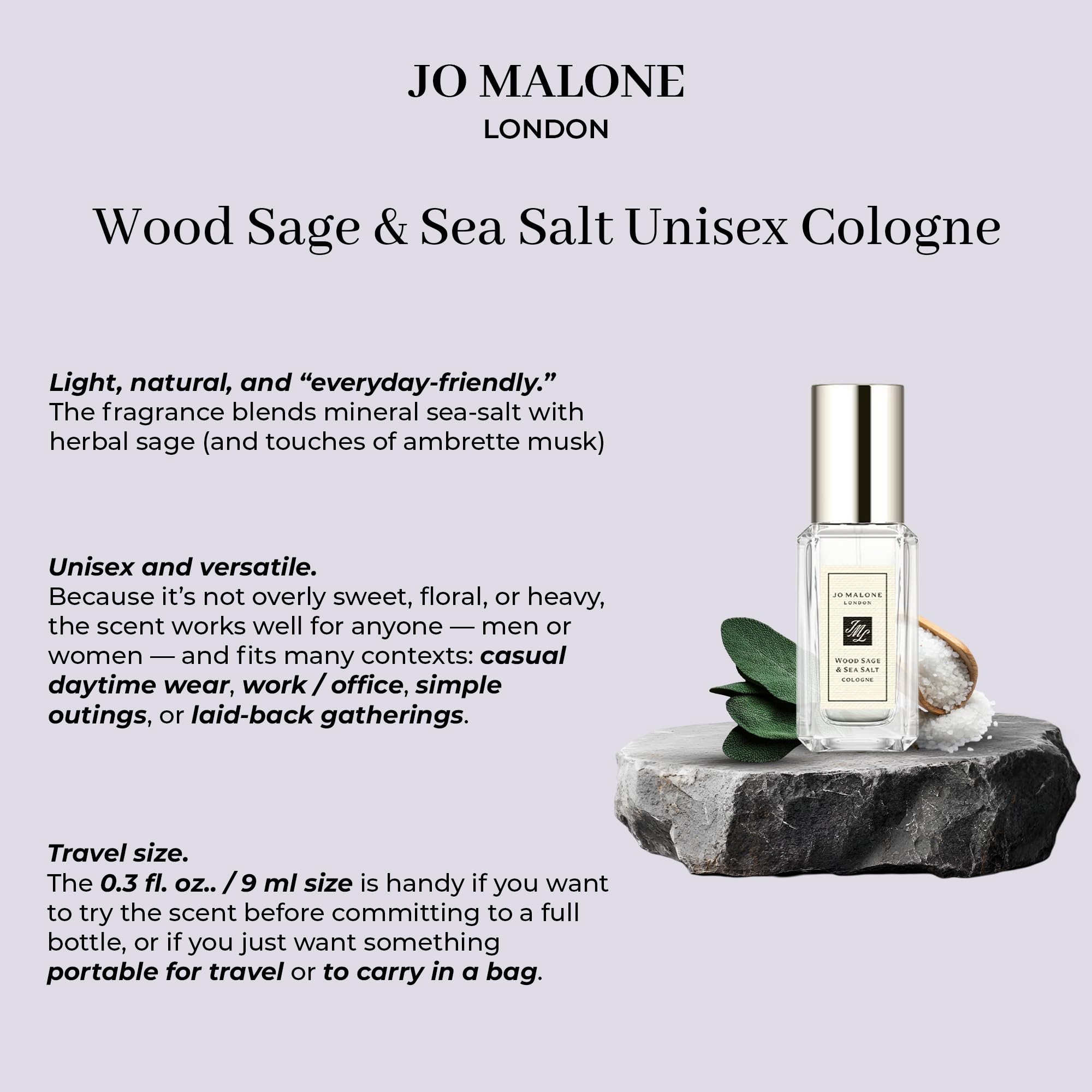 Jo Malone Wood Sage & Sea Salt deluxe sample bottle side, premium presentation