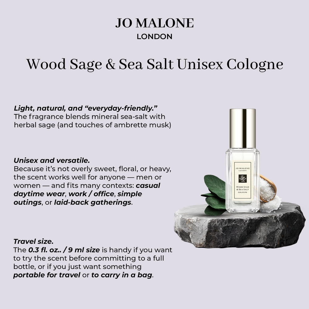 Jo Malone Wood Sage & Sea Salt deluxe sample bottle side, premium presentation