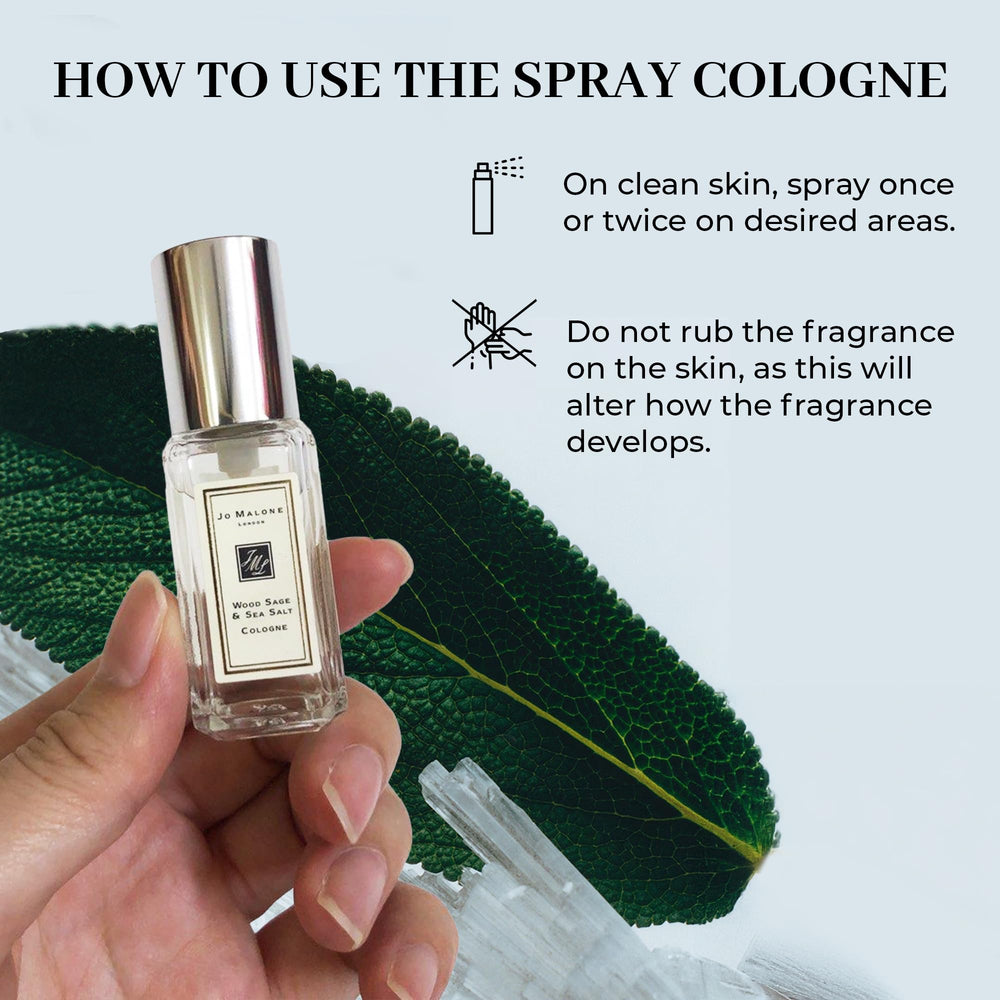Jo Malone Wood Sage & Sea Salt label close-up, bergamot and sea salt notes