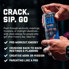 12-pack display of Jocko Fuel blue raspberry energy drinks in store