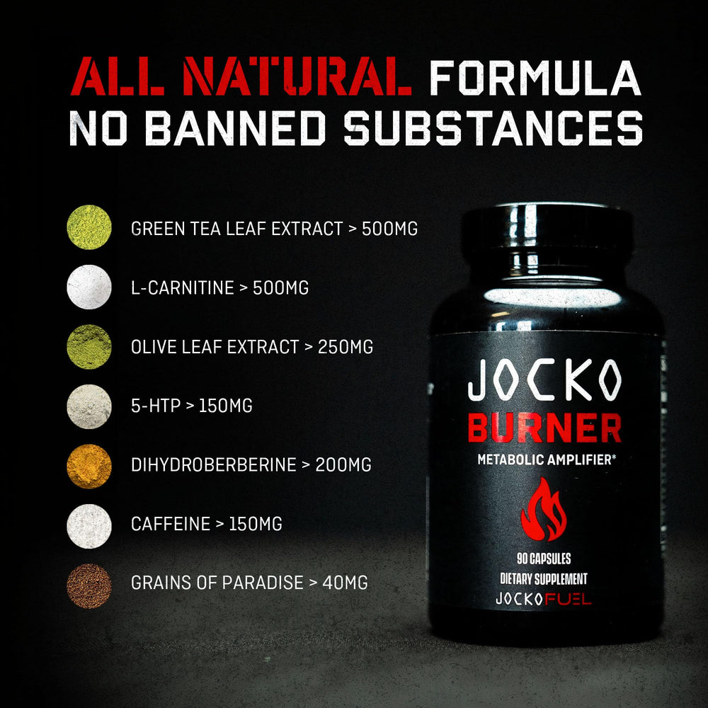 Jocko Fuel Burner ingredients panel indicates green tea and Grains of Paradise benefits.